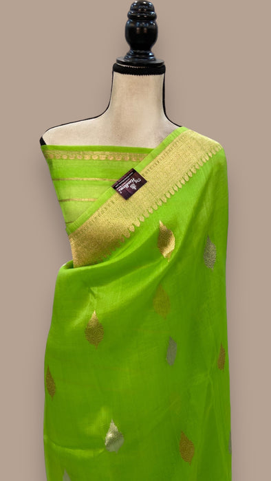 Parrot Green Pure Kora Handloom Banarasi Saree - Sona Roopa Alfi Kadua Boota