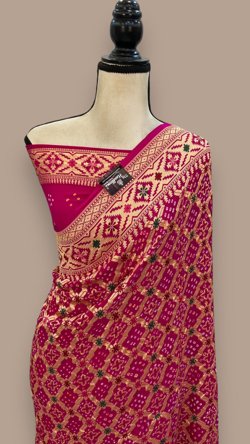 Pure Georgette Banarasi Bandhej Handloom Saree - with meenakari work - The Handlooms
