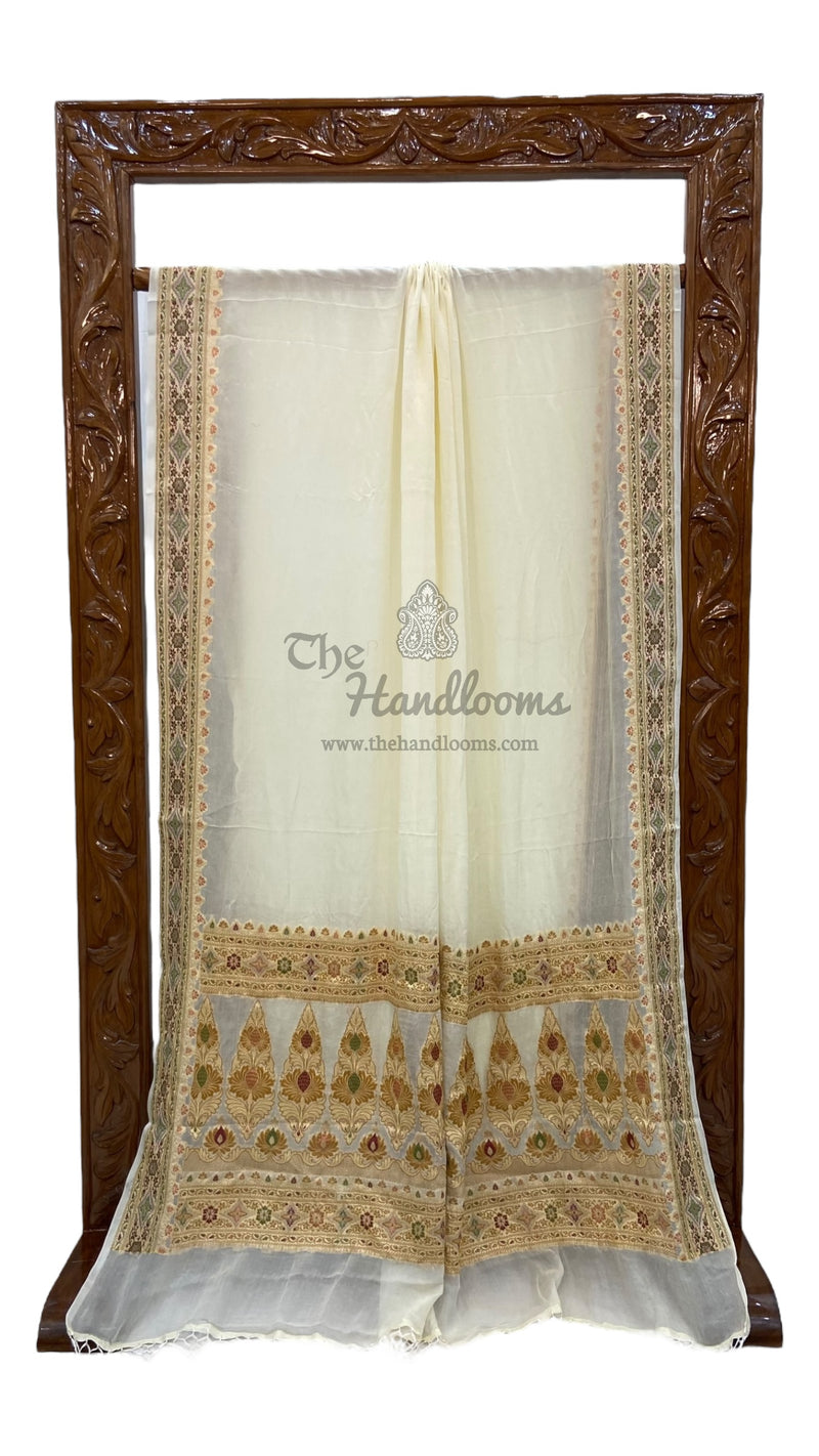 Off-white Pure Chiffon Khaddi Banarasi Saree - The Handlooms