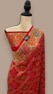 Pure Georgette Banarasi Bandhej Handloom Saree - with meenakari work - The Handlooms