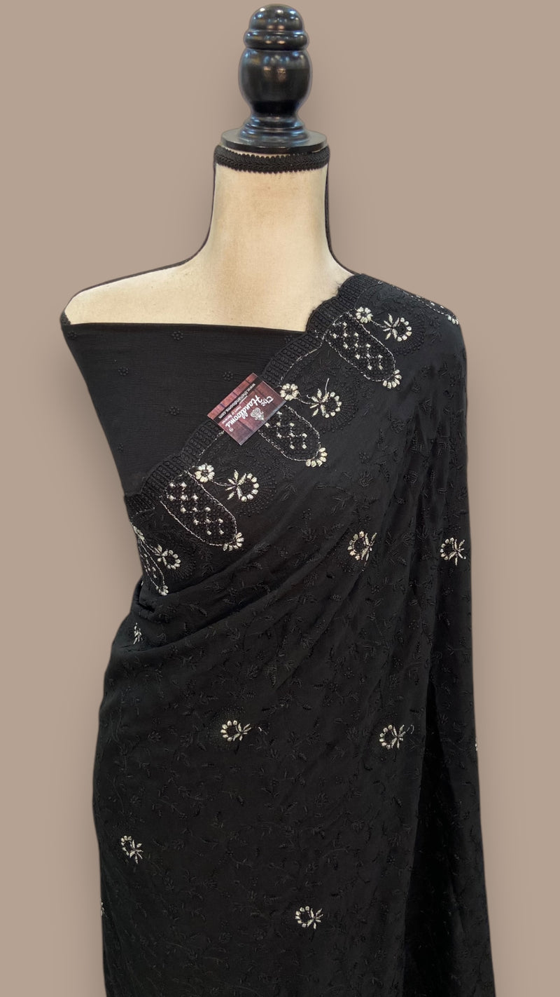 Pure Georgette Chikankari Handloom Banarasi Saree - The Handlooms