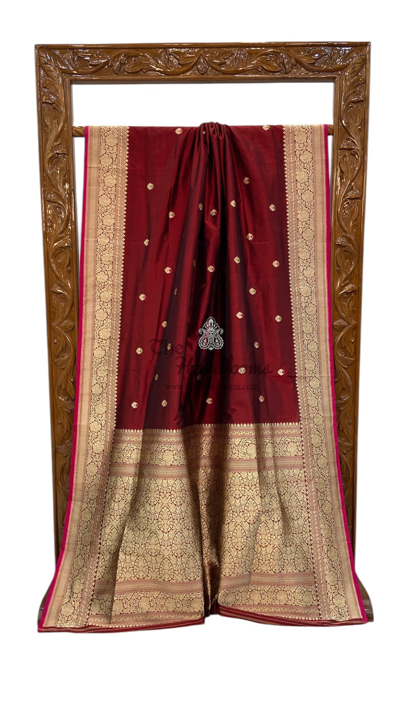 Maroon Pure Katan Silk Banarasi Handloom Saree - All over Kadua motifs With Meenakari - The Handlooms