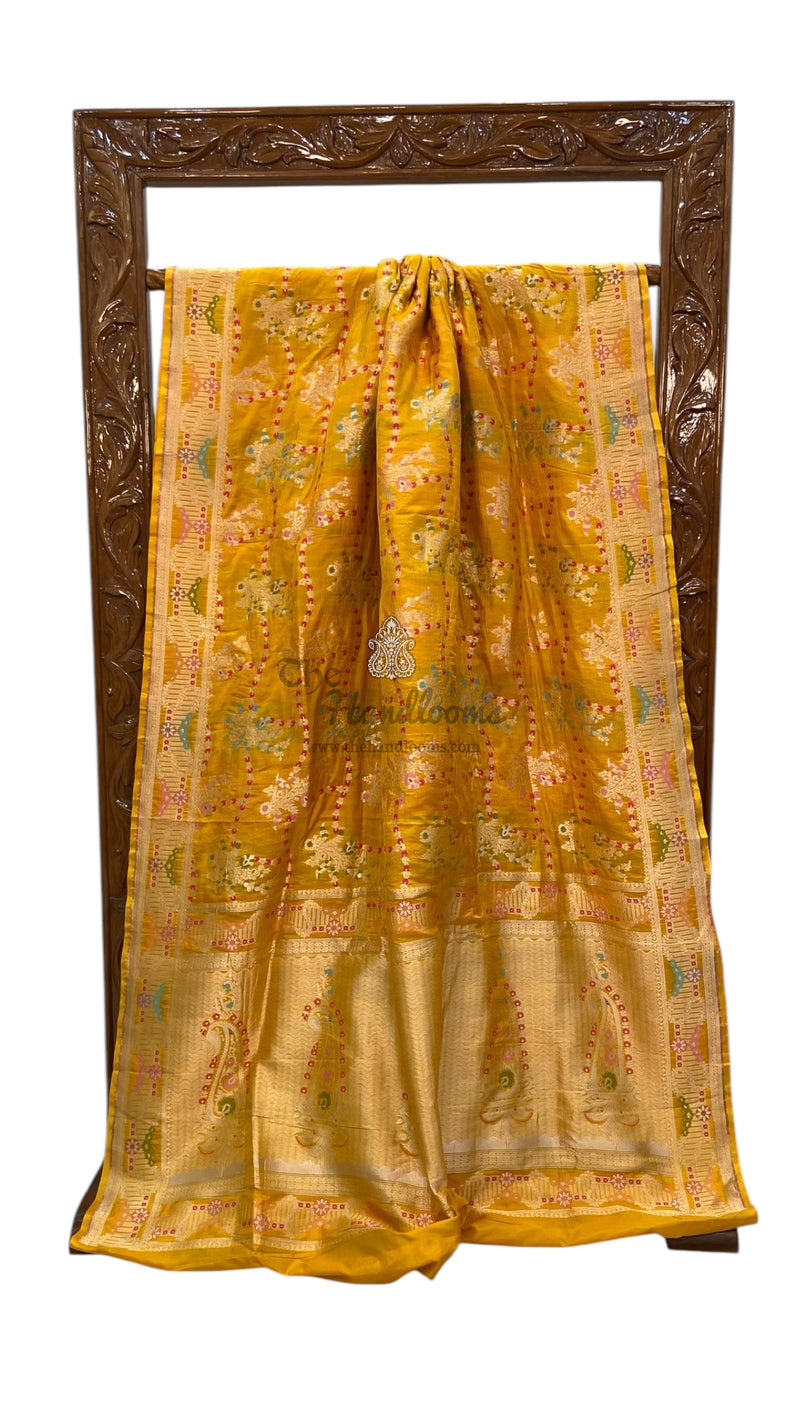 Mustard Pure Katan Silk Banarasi Handloom Saree - All over Jaal Work With Meenakari - The Handlooms