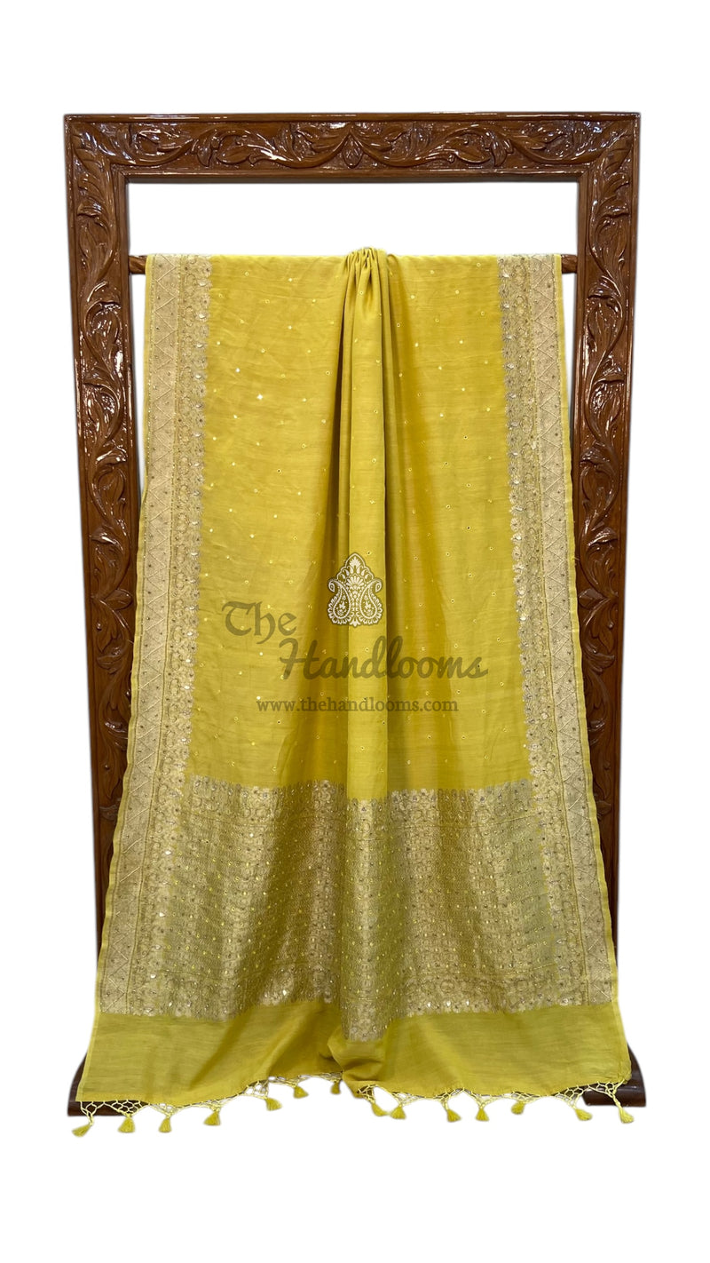 Pure Moonga Georgette Handloom Banarasi Saree with Handwork: Gota Patti, Zardozi, Diamond Chain, Katdana, and Abla Detailing - The Handlooms