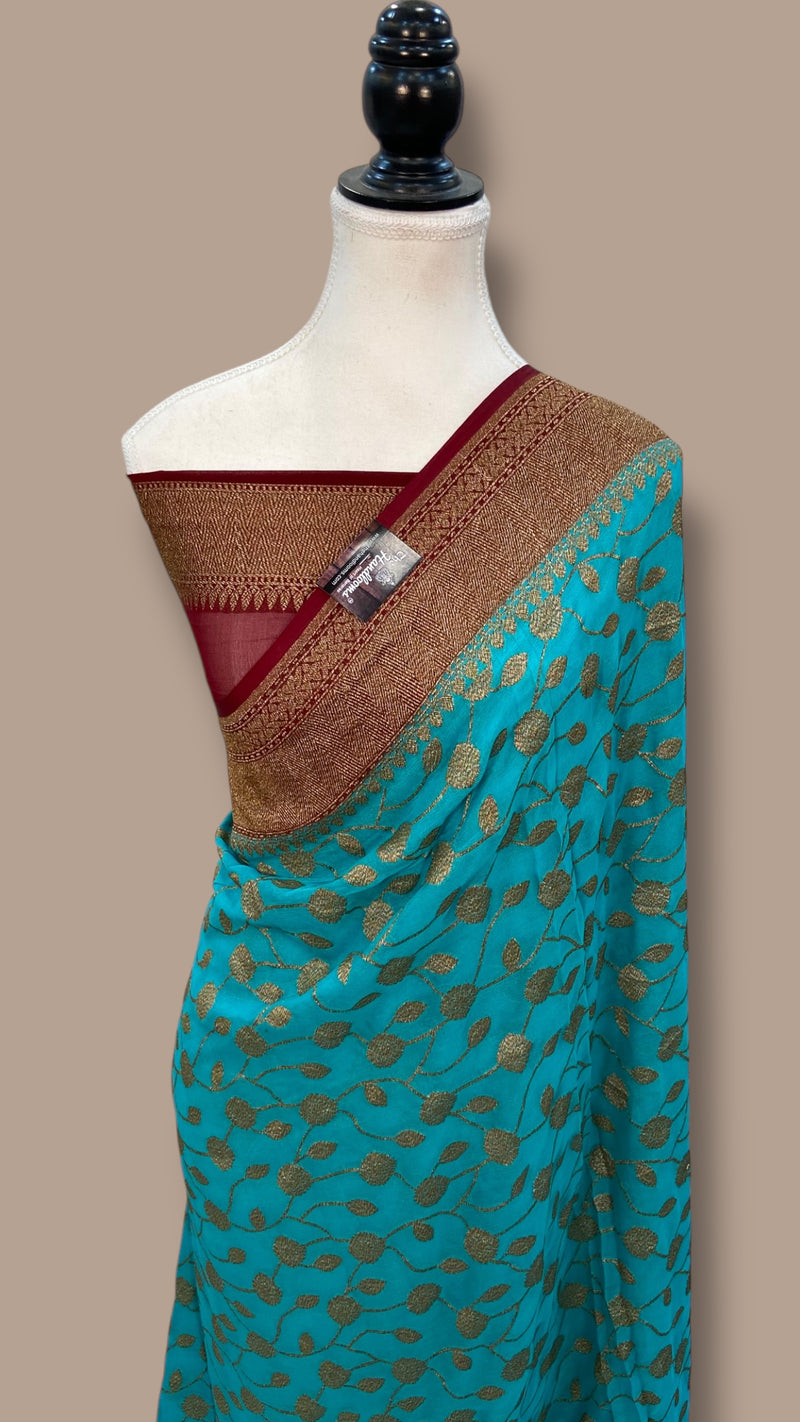 Khaddi Georgette Handloom Banarasi Saree - Antique Zari - The Handlooms