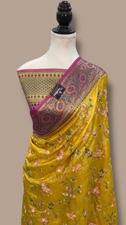 Yellow Pure Tussar Silk Handloom Banarasi Saree With Chikankari - The Handlooms