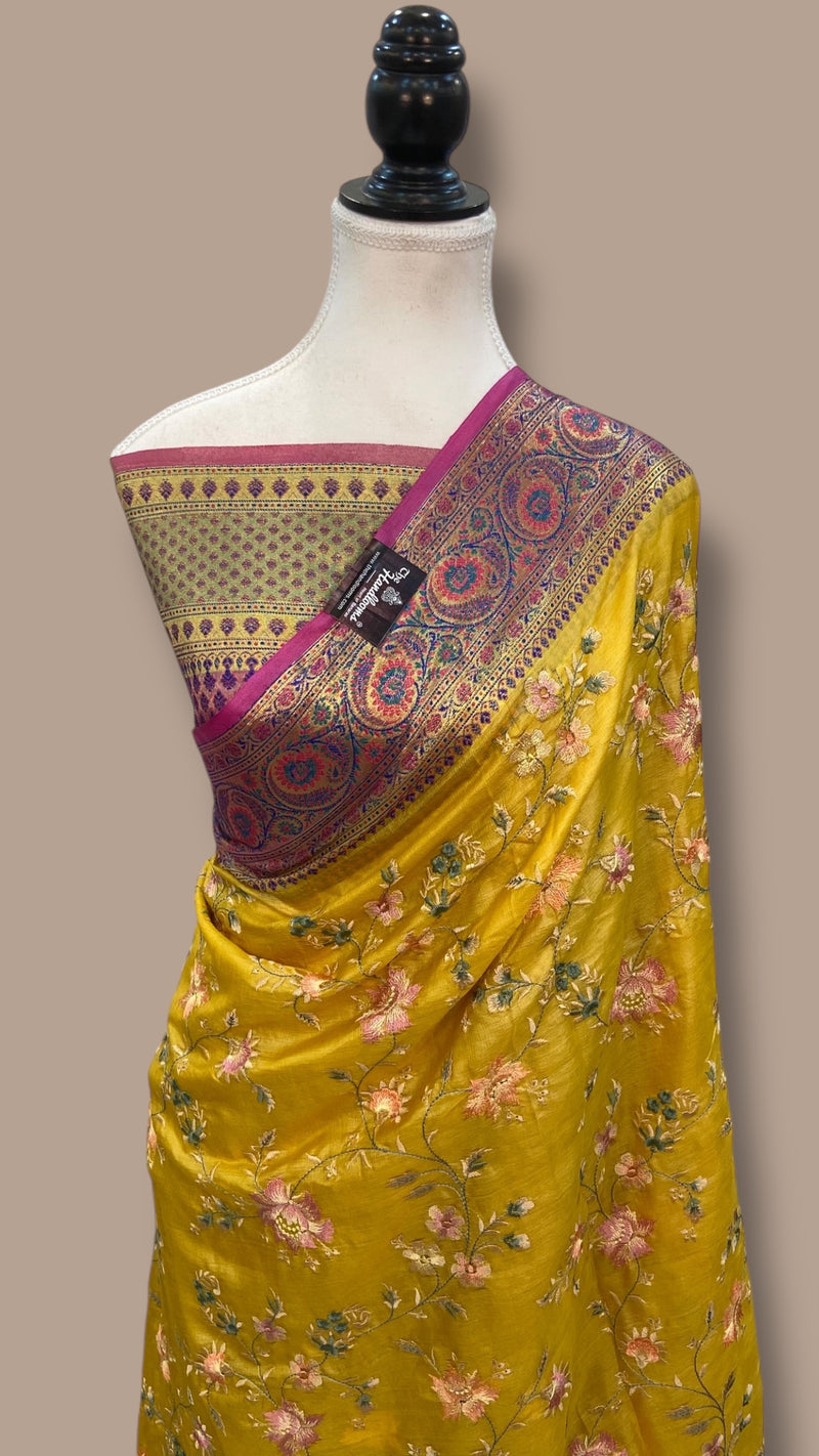 Yellow Pure Tussar Silk Handloom Banarasi Saree With Chikankari - The Handlooms