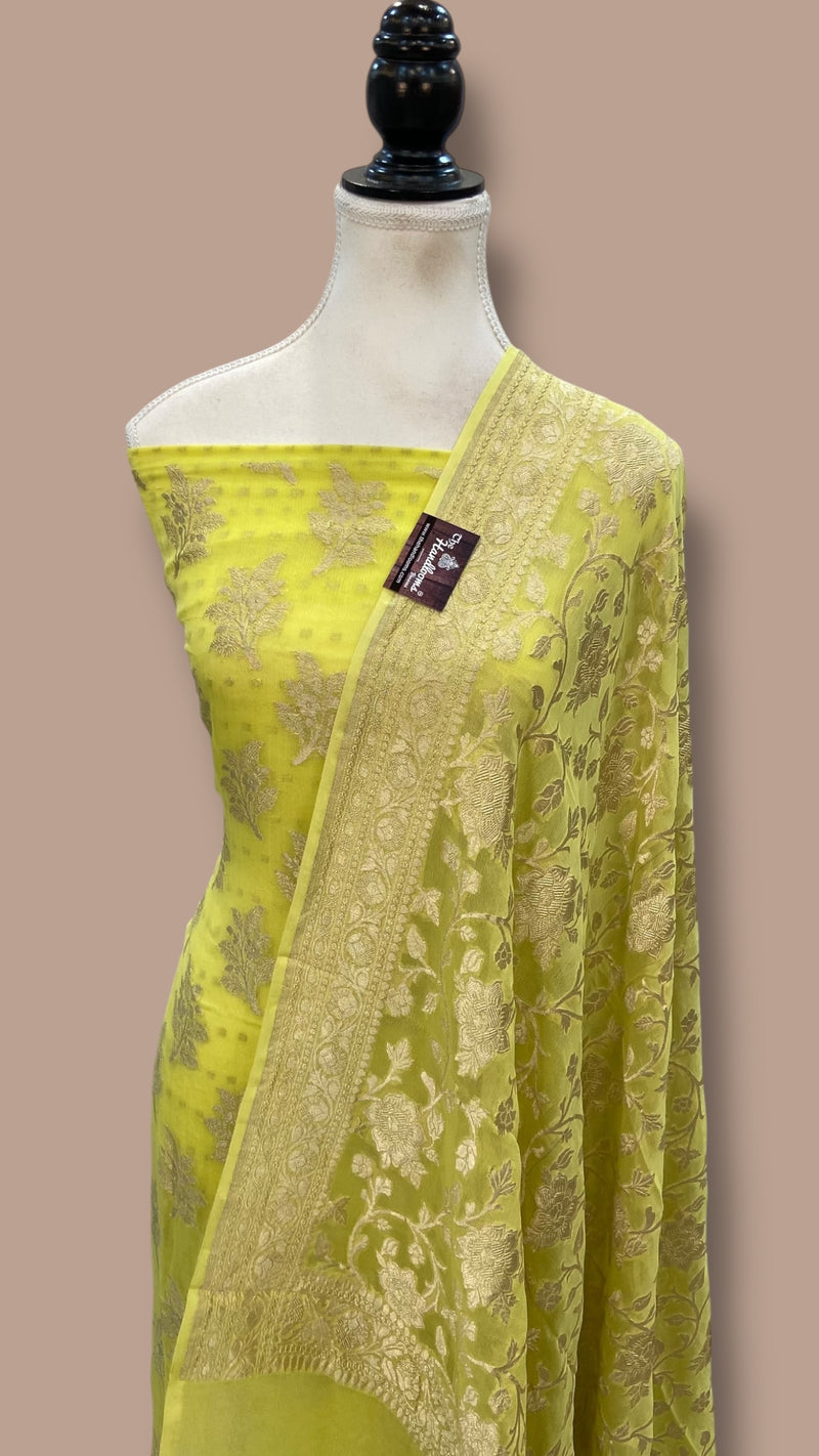 Yellow Khaddi Georgette Banarasi Dress material Water Zari - The Handlooms