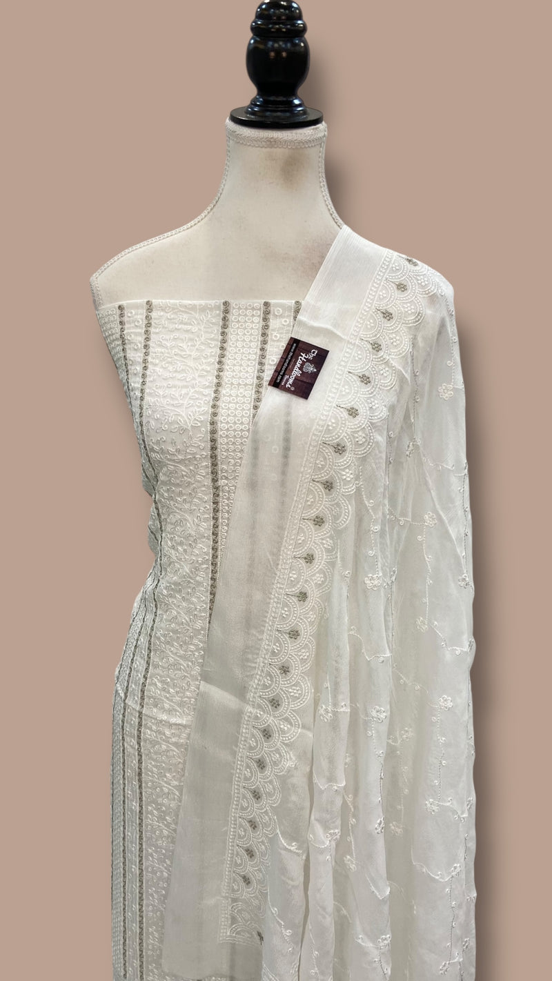 Pure Georgette Banarasi Chikankari Dress Material - The Handlooms