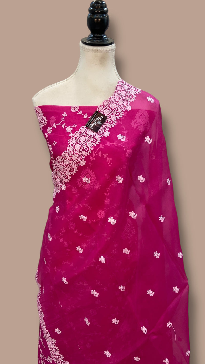 Pure Organza Chikankari Handloom Banarasi Dress Material - The Handlooms