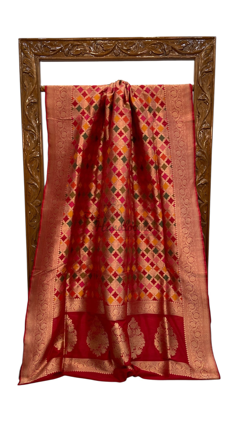 Multicolor Pure Katan Silk Banarasi Handloom Saree - All over Jaal Work With Rangkart - The Handlooms