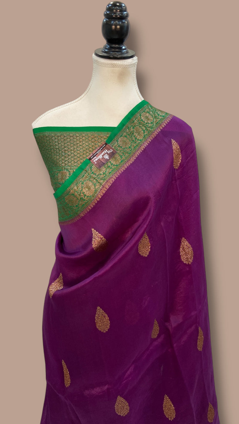 Dark Purple Pure Kora Handloom Banarasi Saree - The Handlooms