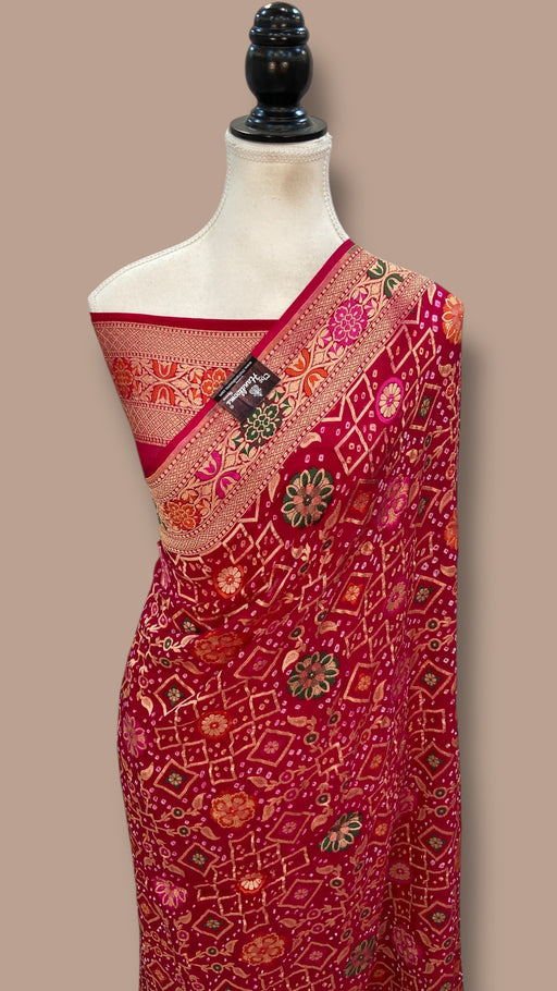 Pure Georgette Banarasi Bandhej Handloom Saree - Meenakari - The Handlooms