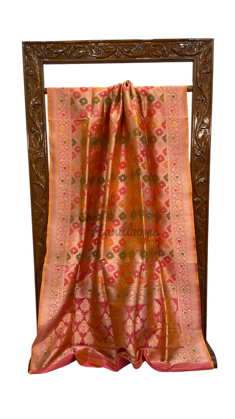 Multicolor Pure Katan Silk Banarasi Handloom Saree - All over Jaal Work With Rangkart - The Handlooms