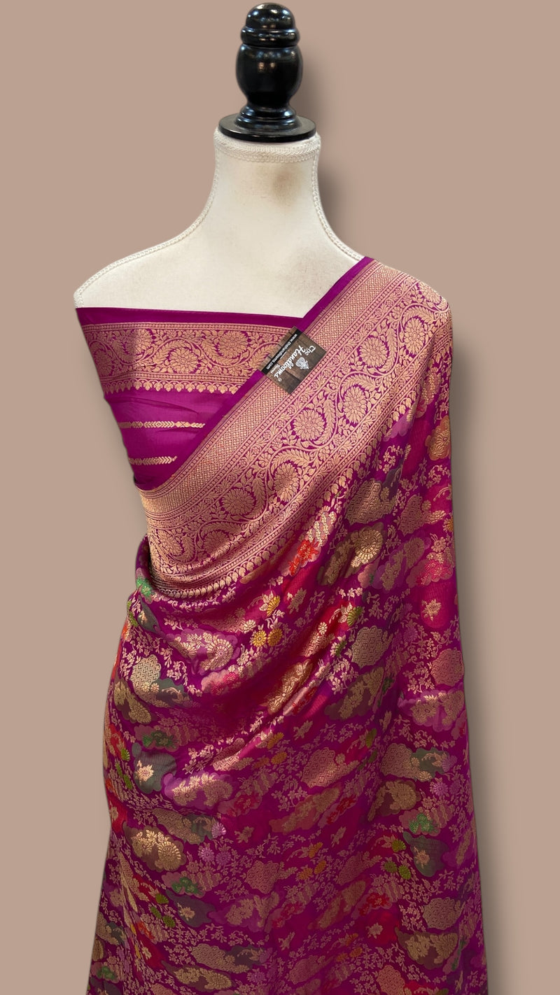 Multicolor Pure Katan Silk Banarasi Handloom Saree - All over Jaal Work With Rangkart - The Handlooms
