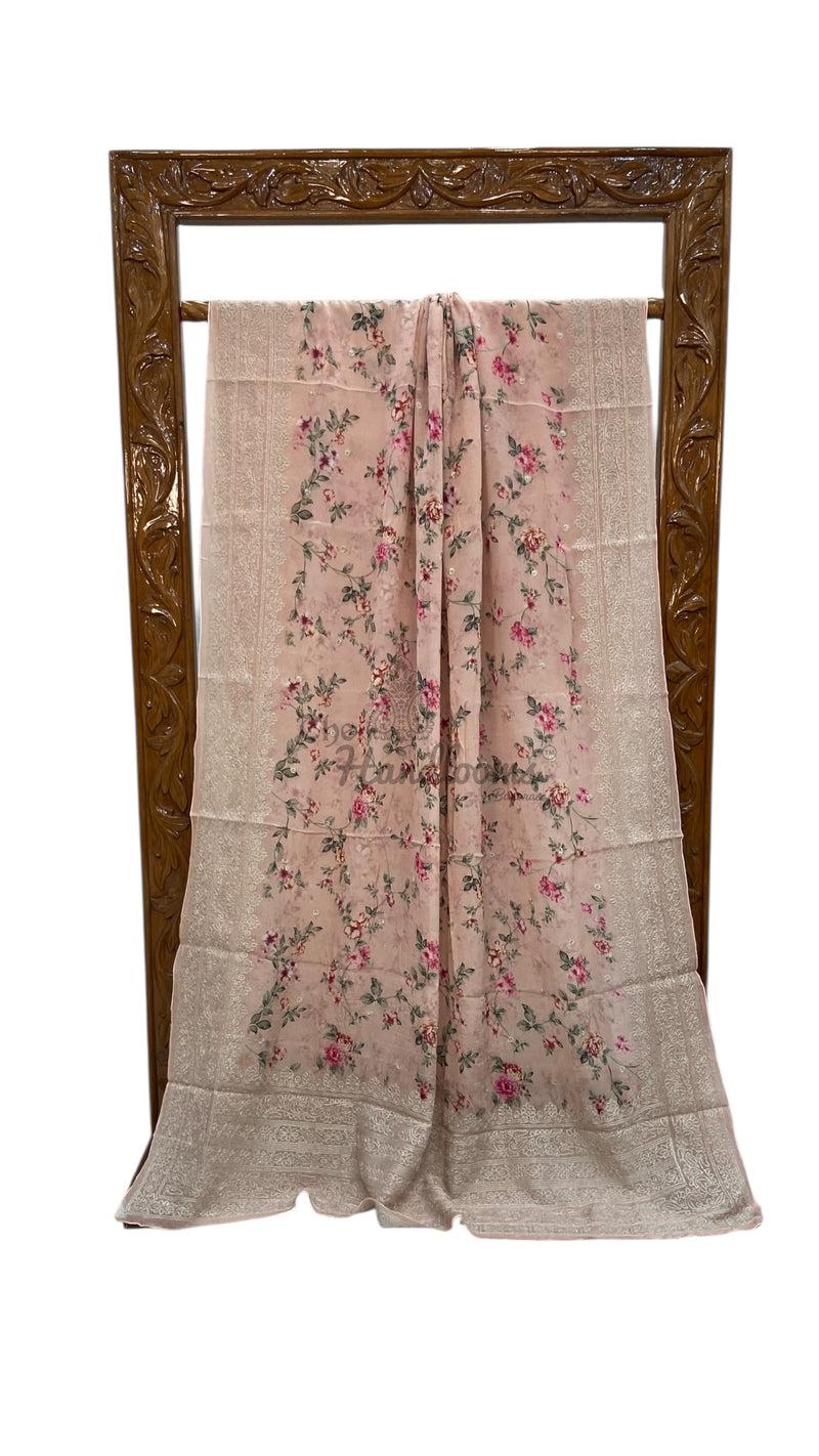 Pure Georgette Handloom Banarasi Saree - Digital Print With Chikankari - The Handlooms