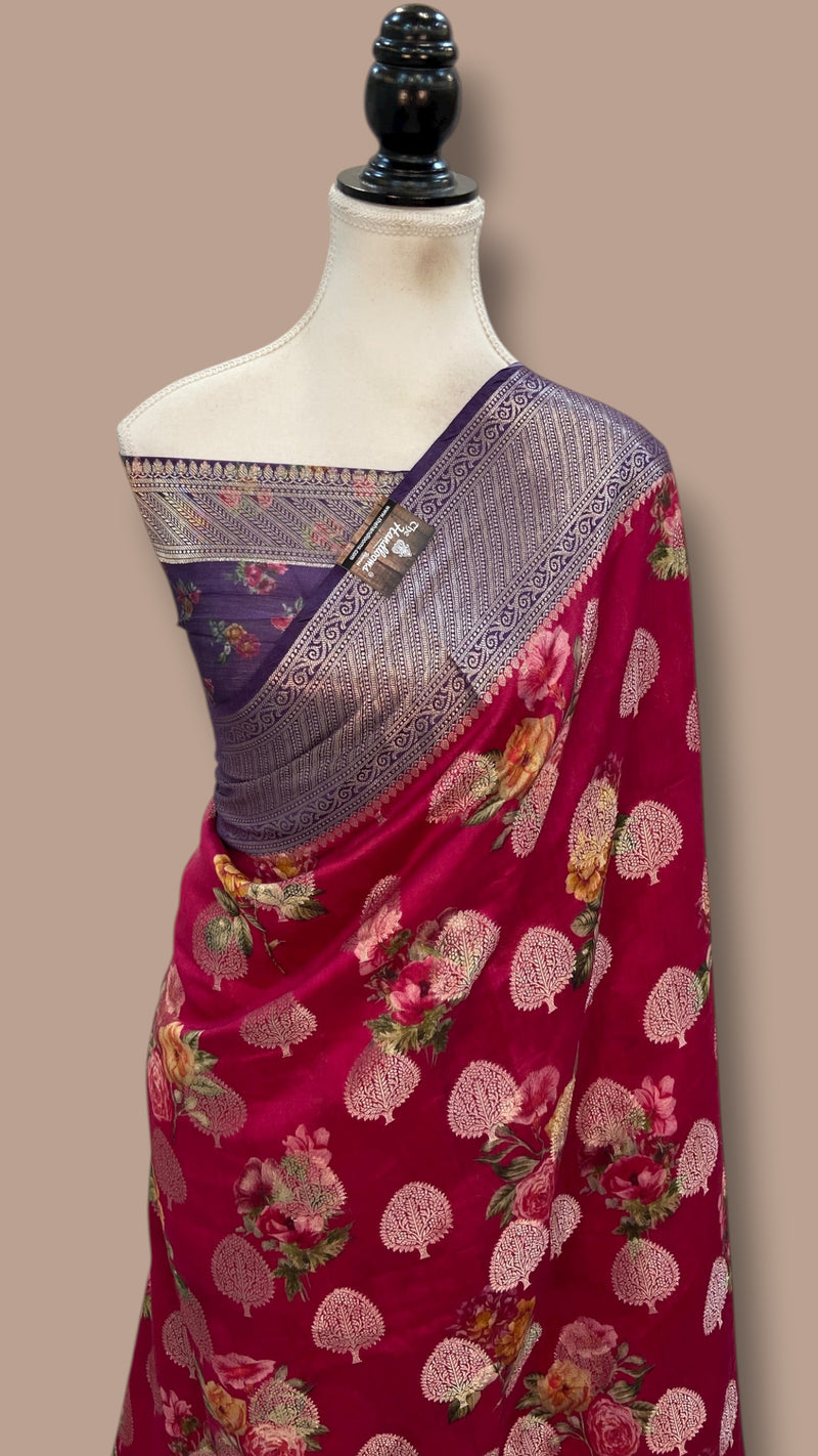 Pure Chiniya Silk Handloom Banarasi Saree Digital Print - The Handlooms