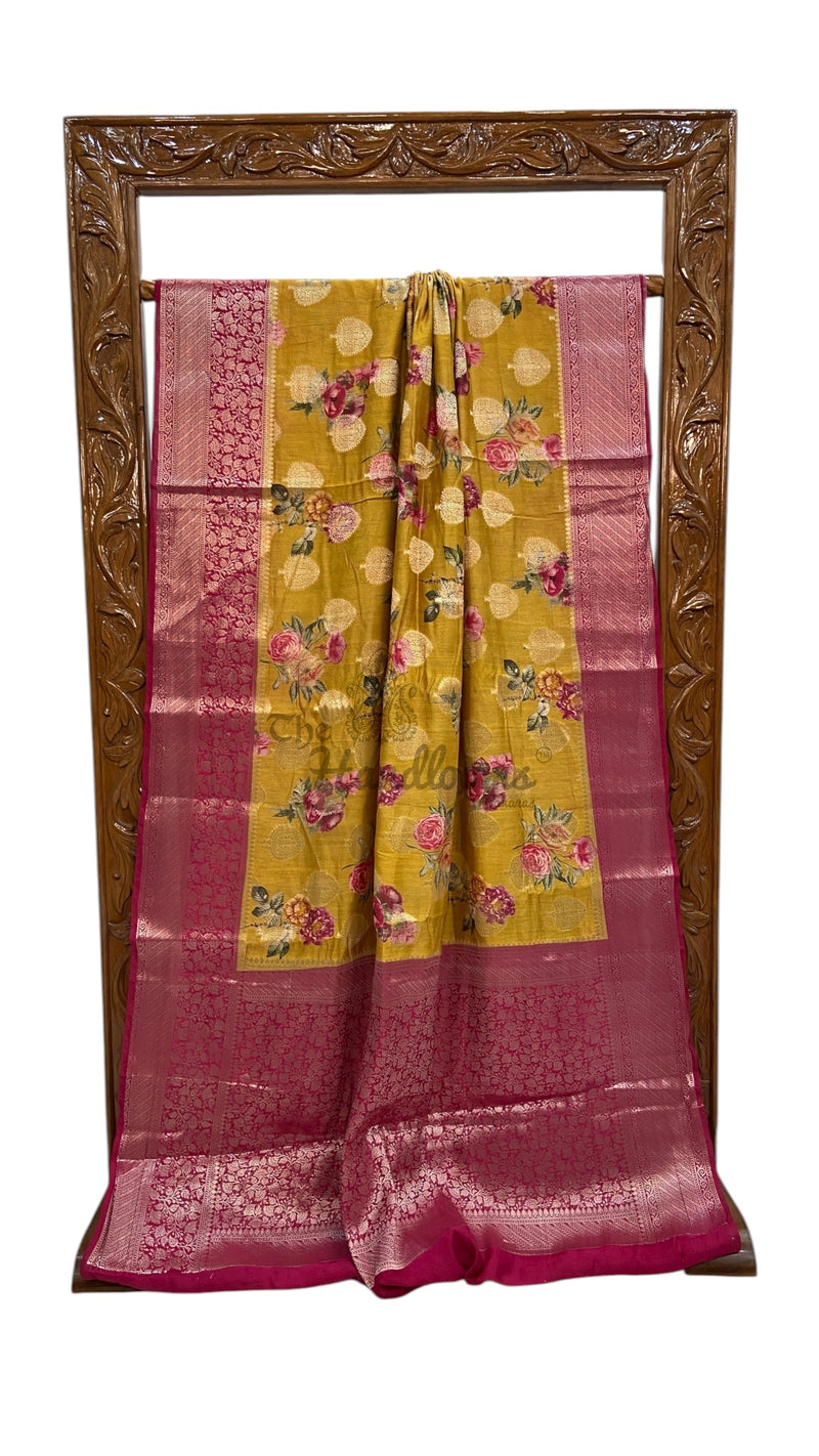 Pure Chiniya Silk Handloom Banarasi Saree Digital Print - The Handlooms