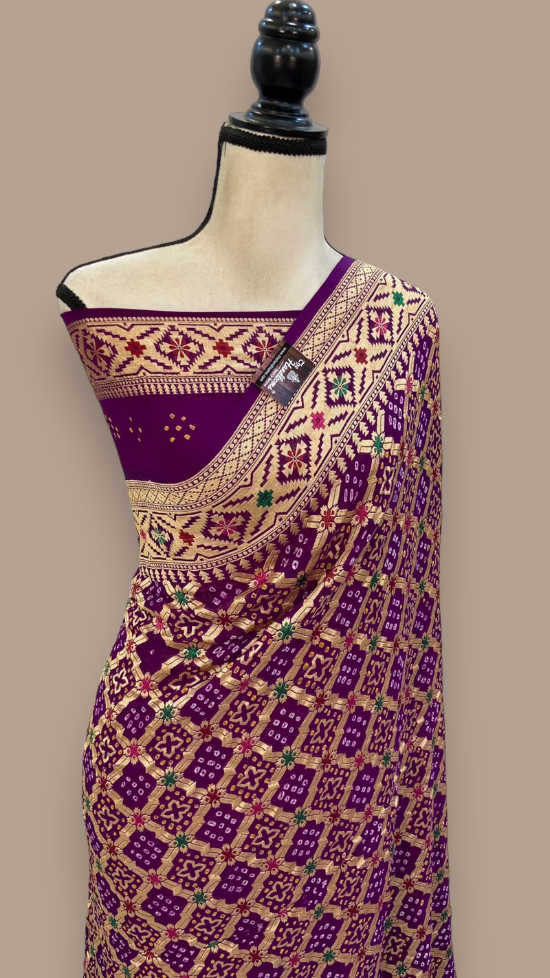 Pure Georgette Banarasi Bandhej Handloom Saree - with meenakari work - The Handlooms