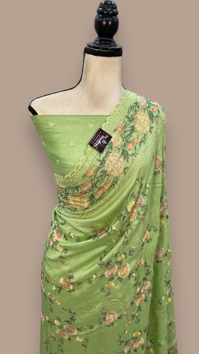 Moonga Georgette Handloom Banarasi Saree With Chikankari