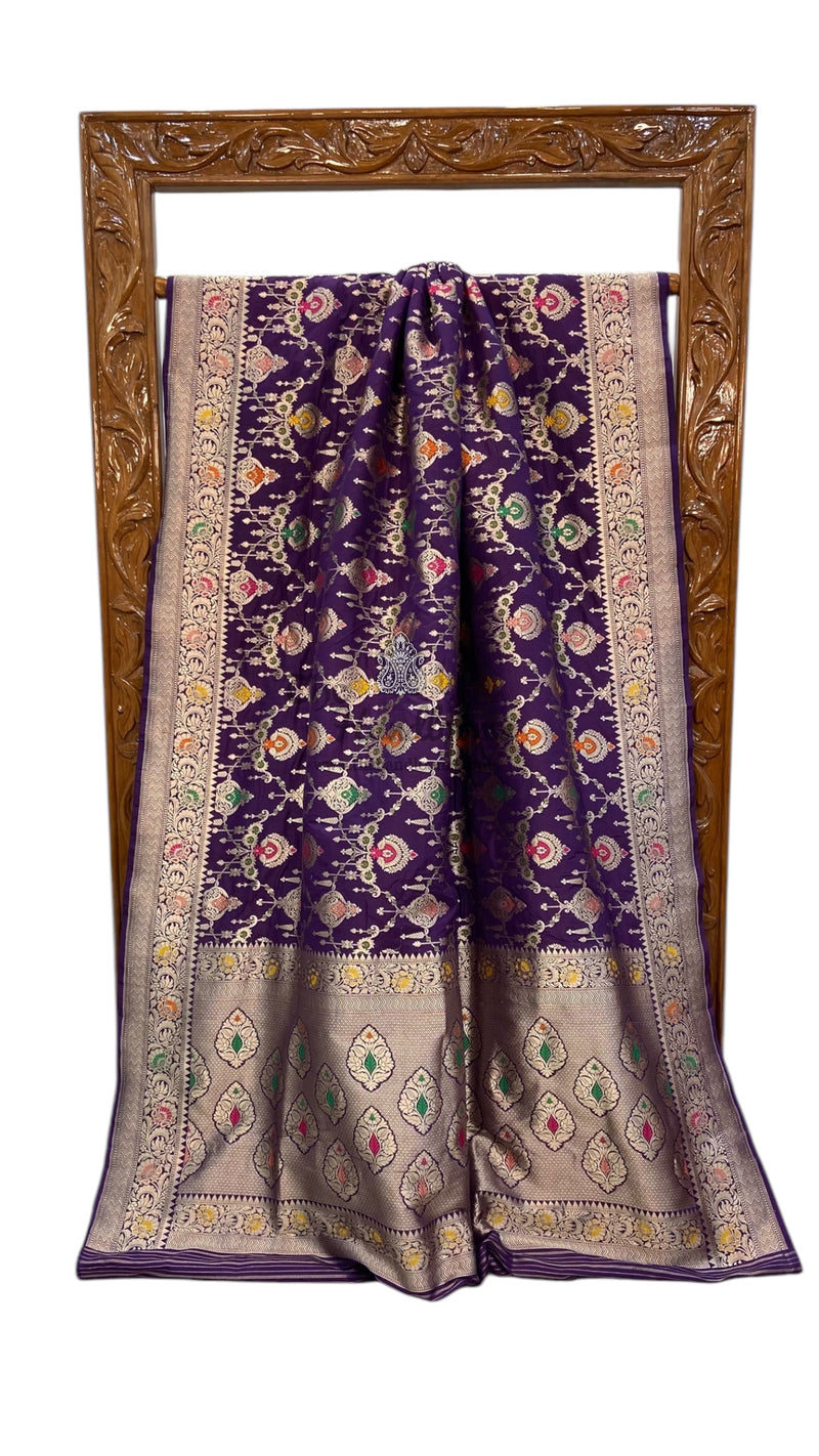 Purple Pure Katan Silk Banarasi Handloom Saree - All over Jaal Work With Meenakari - The Handlooms