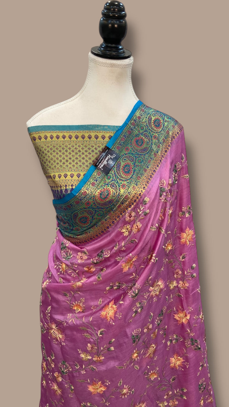 Tussar Silk Handloom Banarasi Saree With Chikankari - The Handlooms