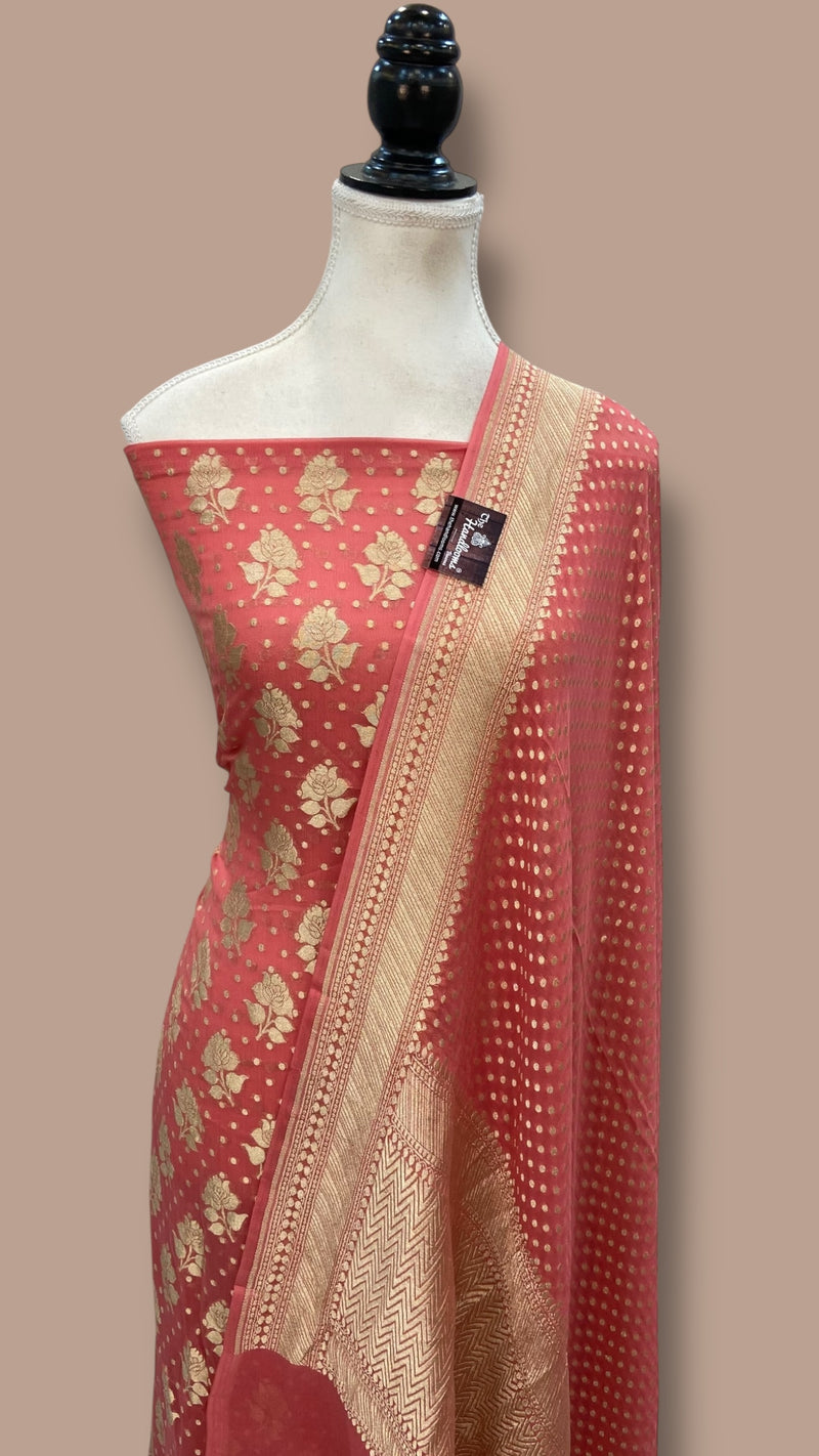 Peach Khaddi Georgette Banarasi Dress material Water Zari - The Handlooms