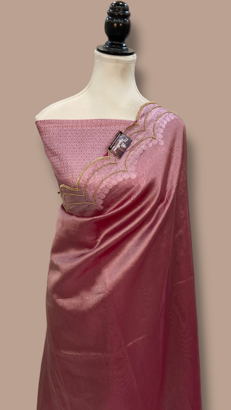 Dusty Rose Pink Pure Kora Tissue Handloom Banarasi Saree - Handwork - The Handlooms