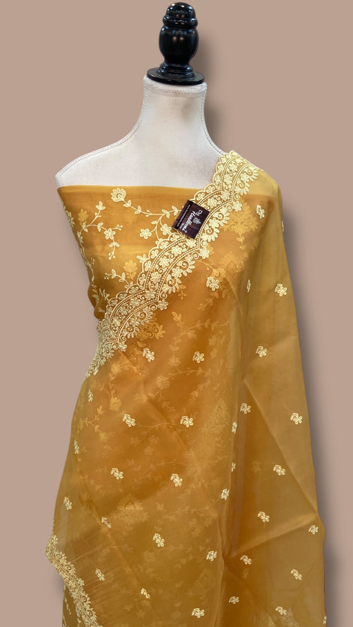 Pure Organza Chikankari Handloom Banarasi Dress Material - The Handlooms