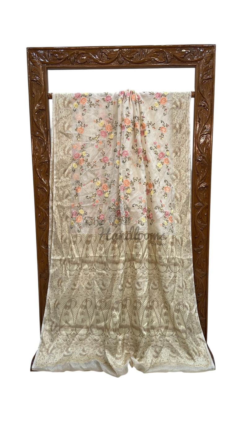 Tussar Silk Handloom Banarasi Saree With Chikankari - The Handlooms