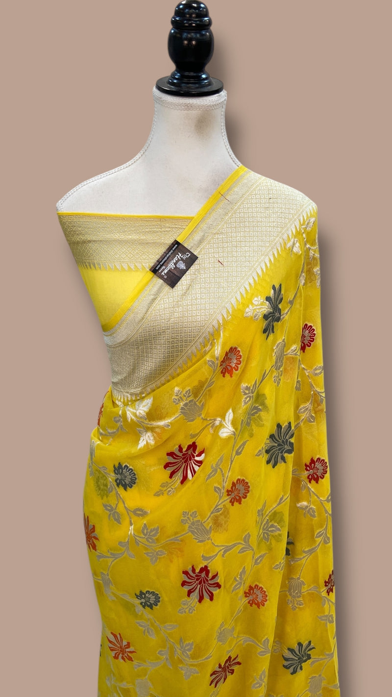 Khaddi Georgette Handloom Banarasi Saree - All Over Sona Roopa Jaal Work