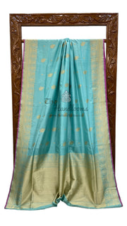 Turquoise Pure Katan Silk Banarasi Handloom Saree - All over Kadua motifs - The Handlooms