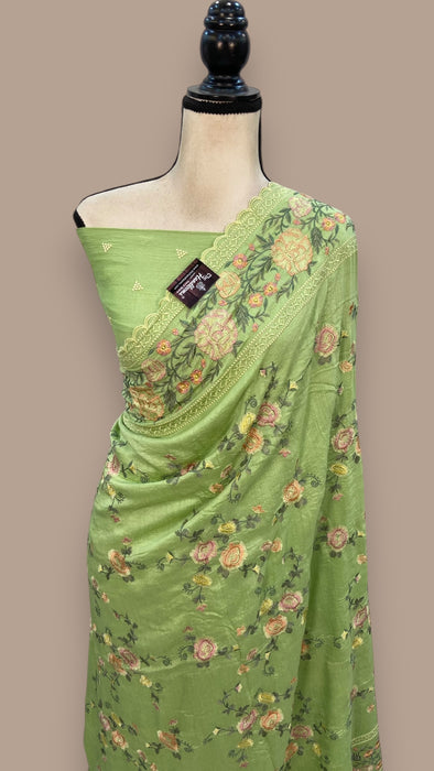 Moonga Georgette Handloom Banarasi Saree With Chikankari