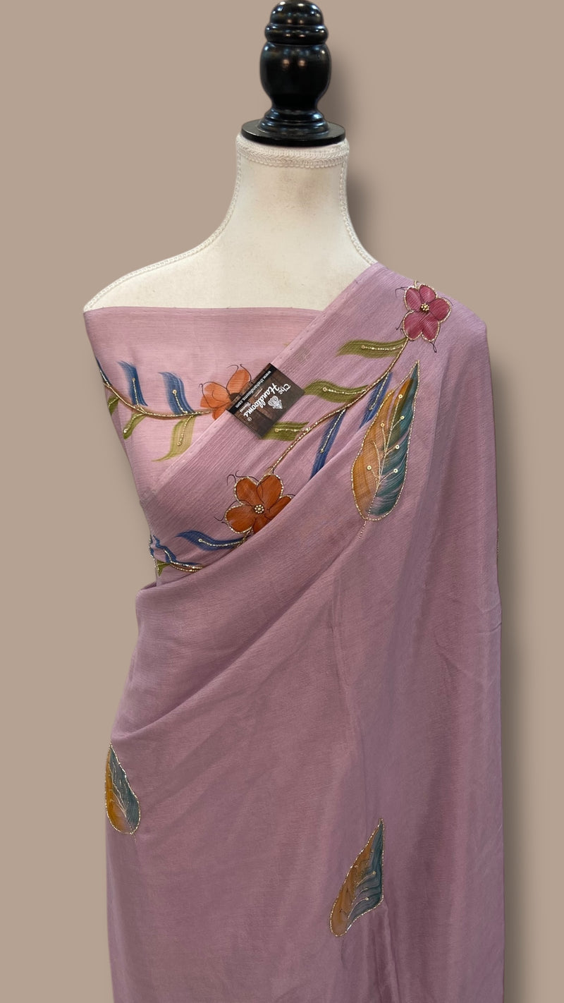 Pure Georgette Handloom Banarasi Saree with Handwork: Zardozi, Diamond Chain and Katdana - The Handlooms