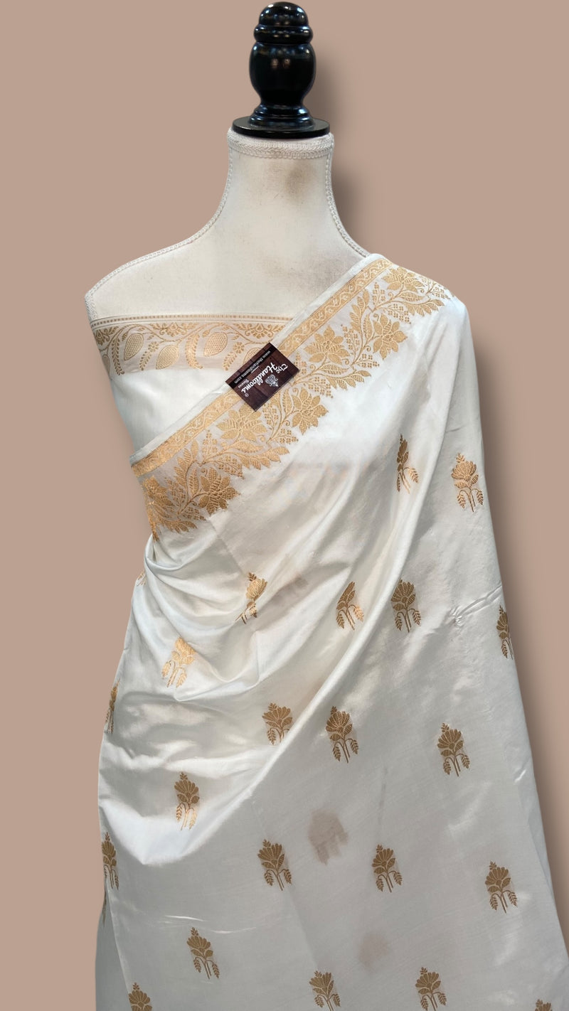 White Pure Katan Silk Banarasi Handloom Saree - All over Kadua motifs - The Handlooms