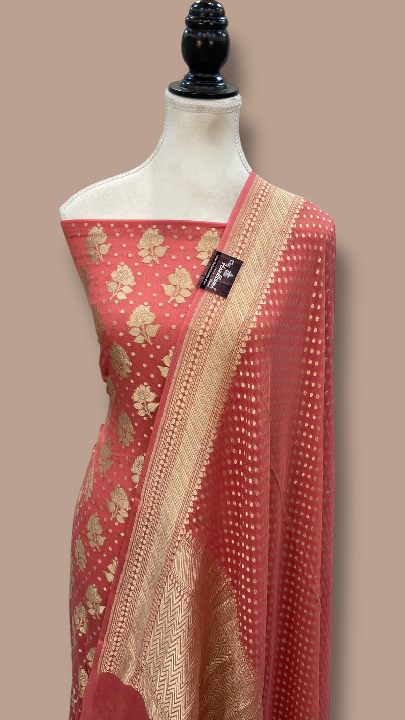 Peach Khaddi Georgette Banarasi Dress material Water Zari - The Handlooms