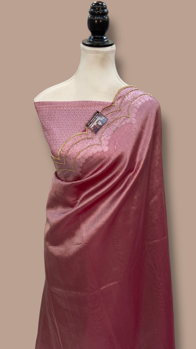 Dusty Rose Pink Pure Kora Tissue Handloom Banarasi Saree - Handwork - The Handlooms