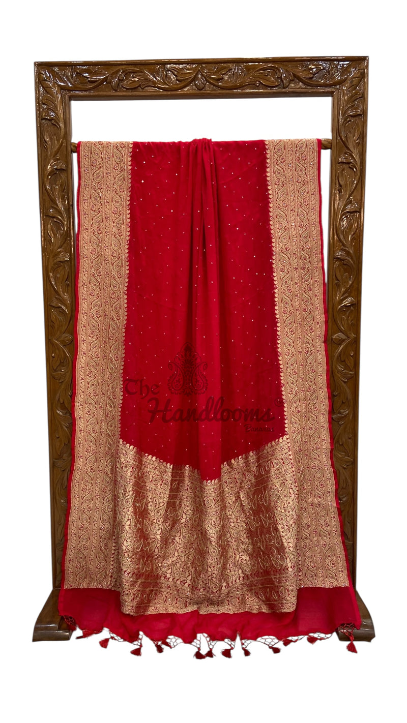 Khaddi Georgette Handloom Banarasi Saree with Handwork: Gota Patti, Zardozi, Diamond Chain, Katdana, and Abla Detailing - The Handlooms