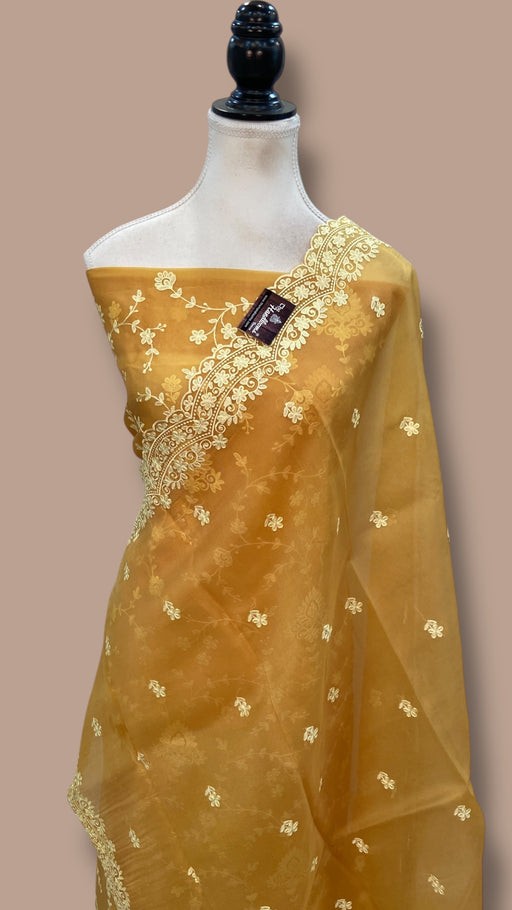 Pure Organza Chikankari Handloom Banarasi Dress Material - The Handlooms