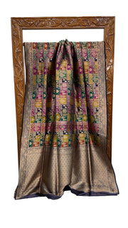 Multicolor Pure Katan Silk Banarasi Handloom Saree - All over Jaal Work With Rangkart - The Handlooms