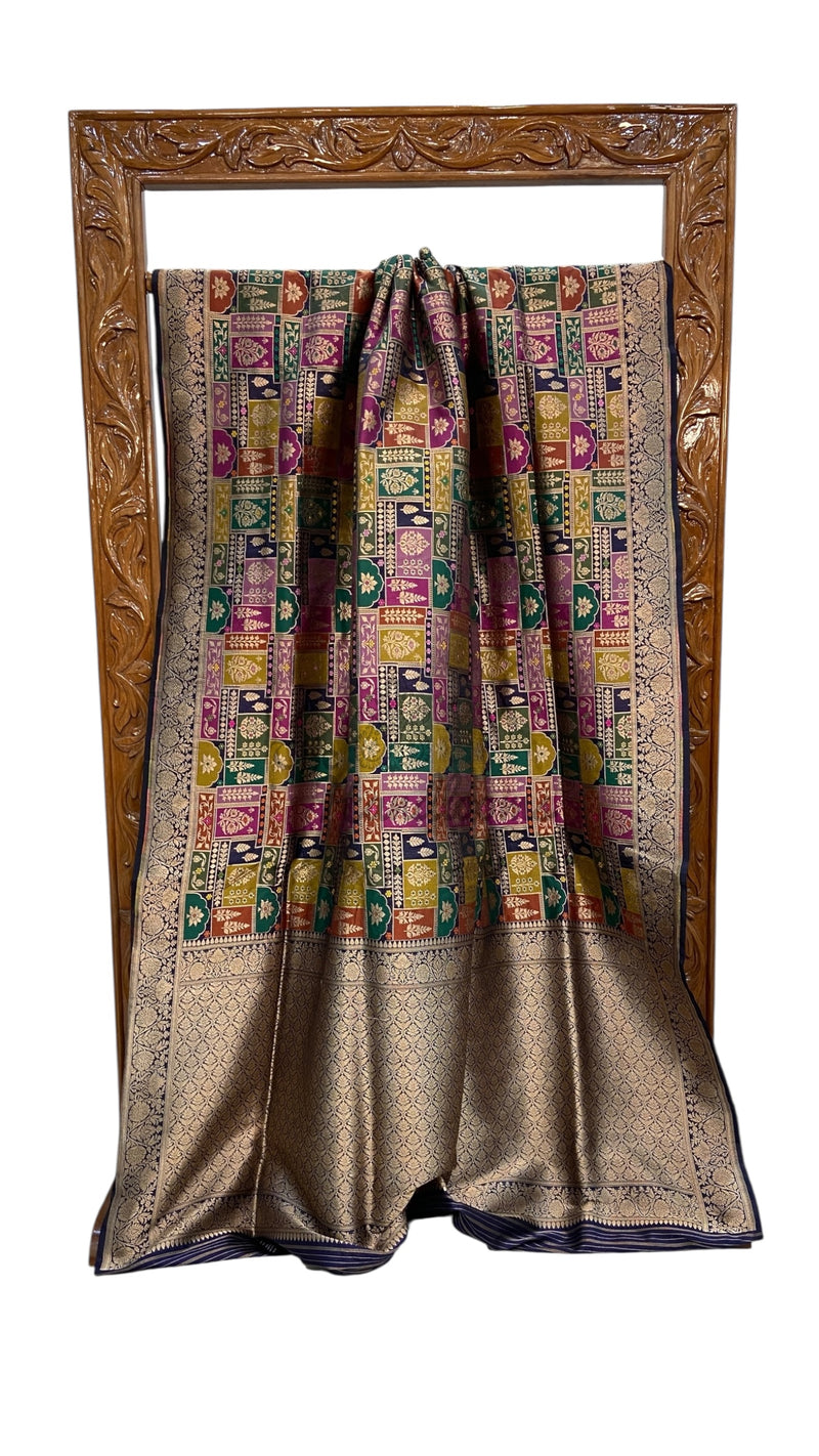 Multicolor Pure Katan Silk Banarasi Handloom Saree - All over Jaal Work With Rangkart - The Handlooms