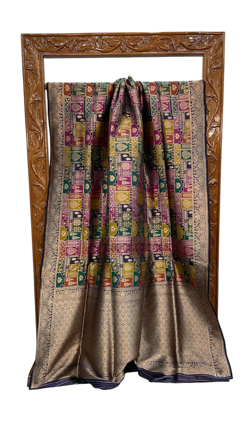 Multicolor Pure Katan Silk Banarasi Handloom Saree - All over Jaal Work With Rangkart - The Handlooms