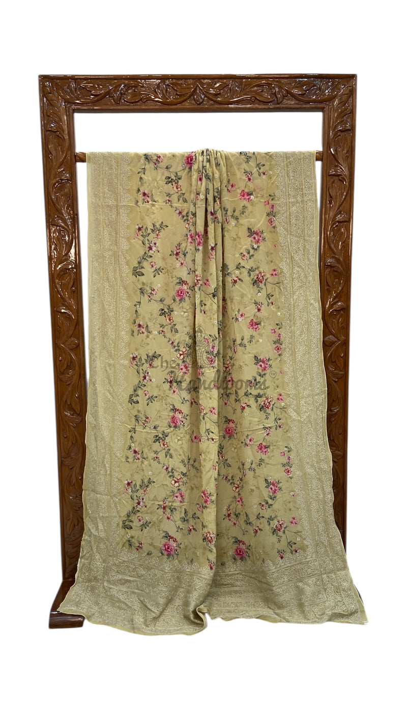 Pure Georgette Handloom Banarasi Saree - Digital Print With Chikankari - The Handlooms