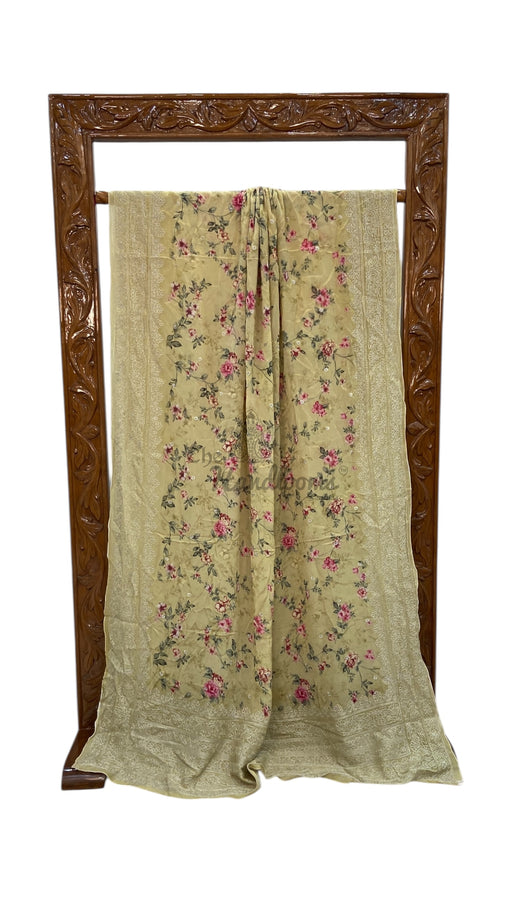 Pure Georgette Handloom Banarasi Saree - Digital Print With Chikankari - The Handlooms