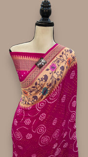 Pure Georgette Banarasi Bandhej Handloom Saree - with meenakari work - The Handlooms