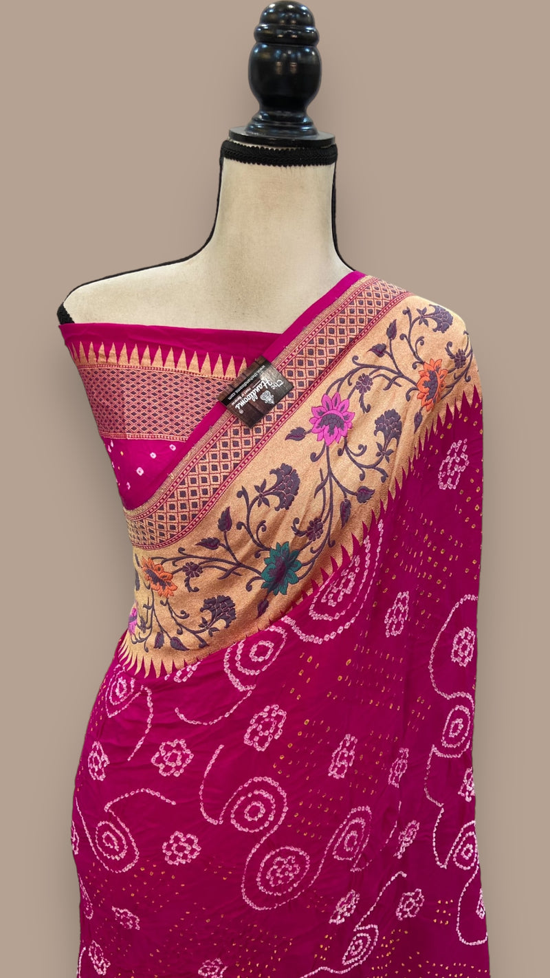 Pure Georgette Banarasi Bandhej Handloom Saree - with meenakari work - The Handlooms