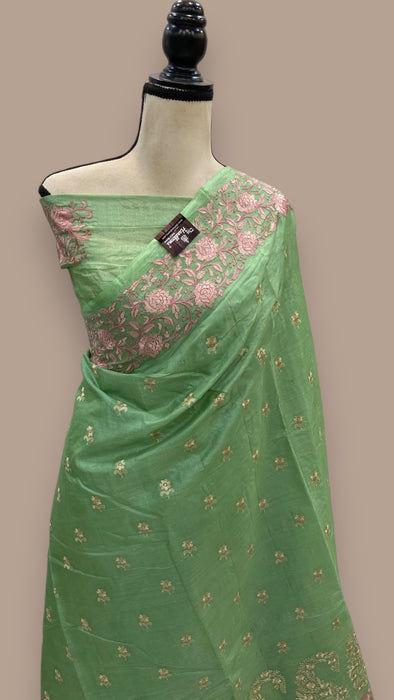 Tussar Silk Handloom Banarasi Saree With Chikankari