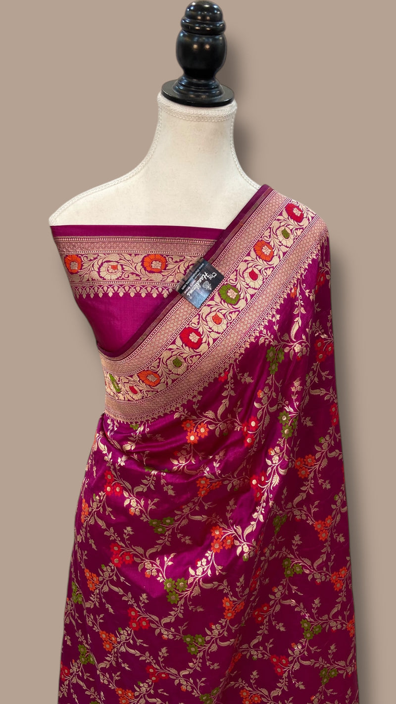 Pure Katan Silk Banarasi Handloom Saree - All over Jaal Work With Meenakari - The Handlooms