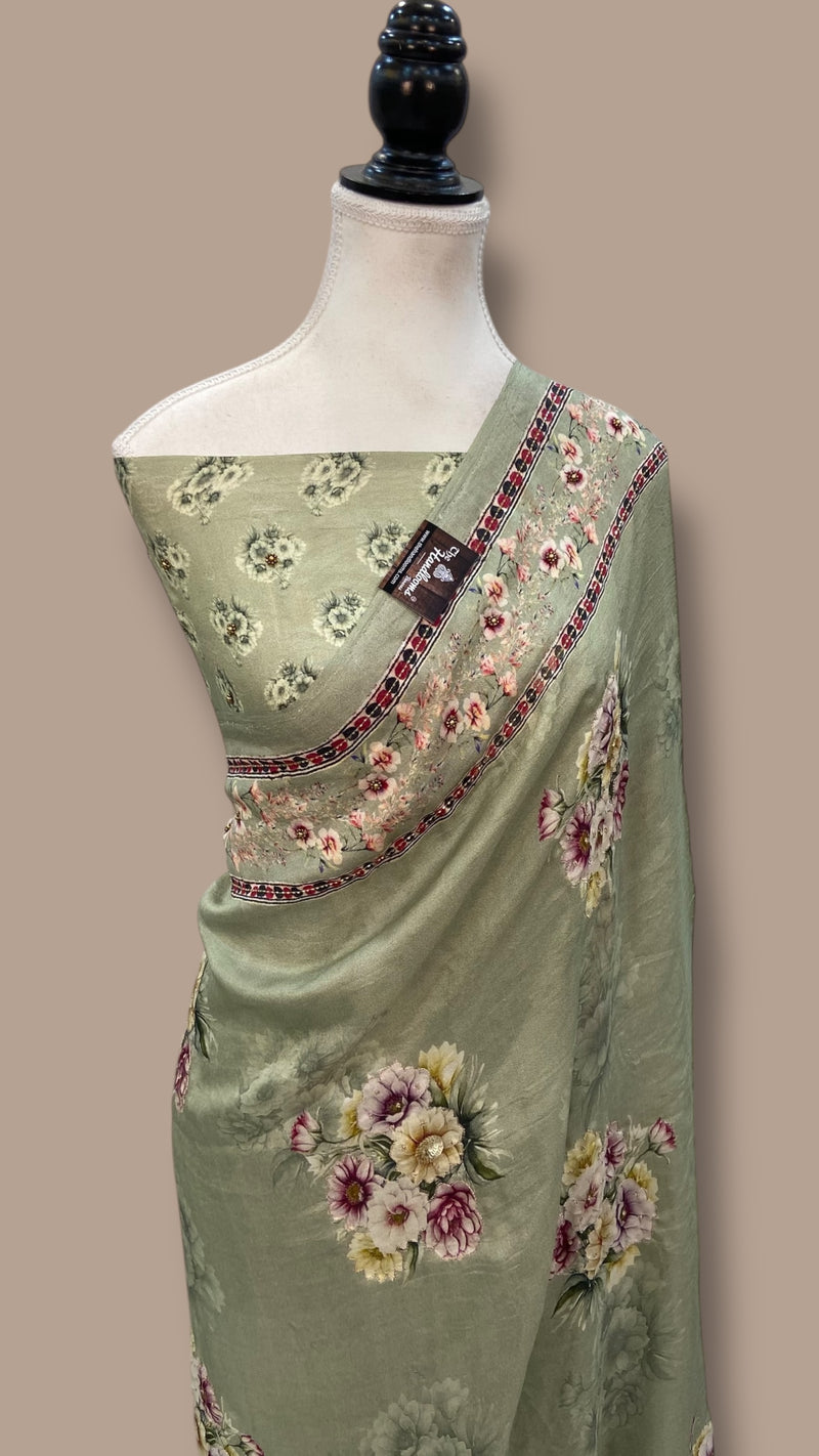 Pure Silk Handloom Banarasi Saree with Digital Print and Handwork - The Handlooms