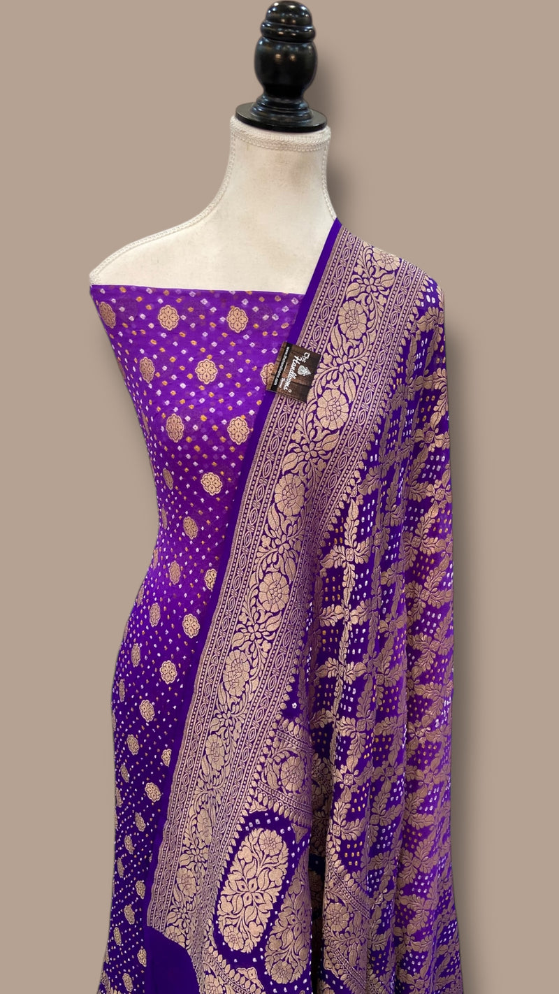 Pure Khaddi Georgette Bandhej Banarasi Dress material - The Handlooms